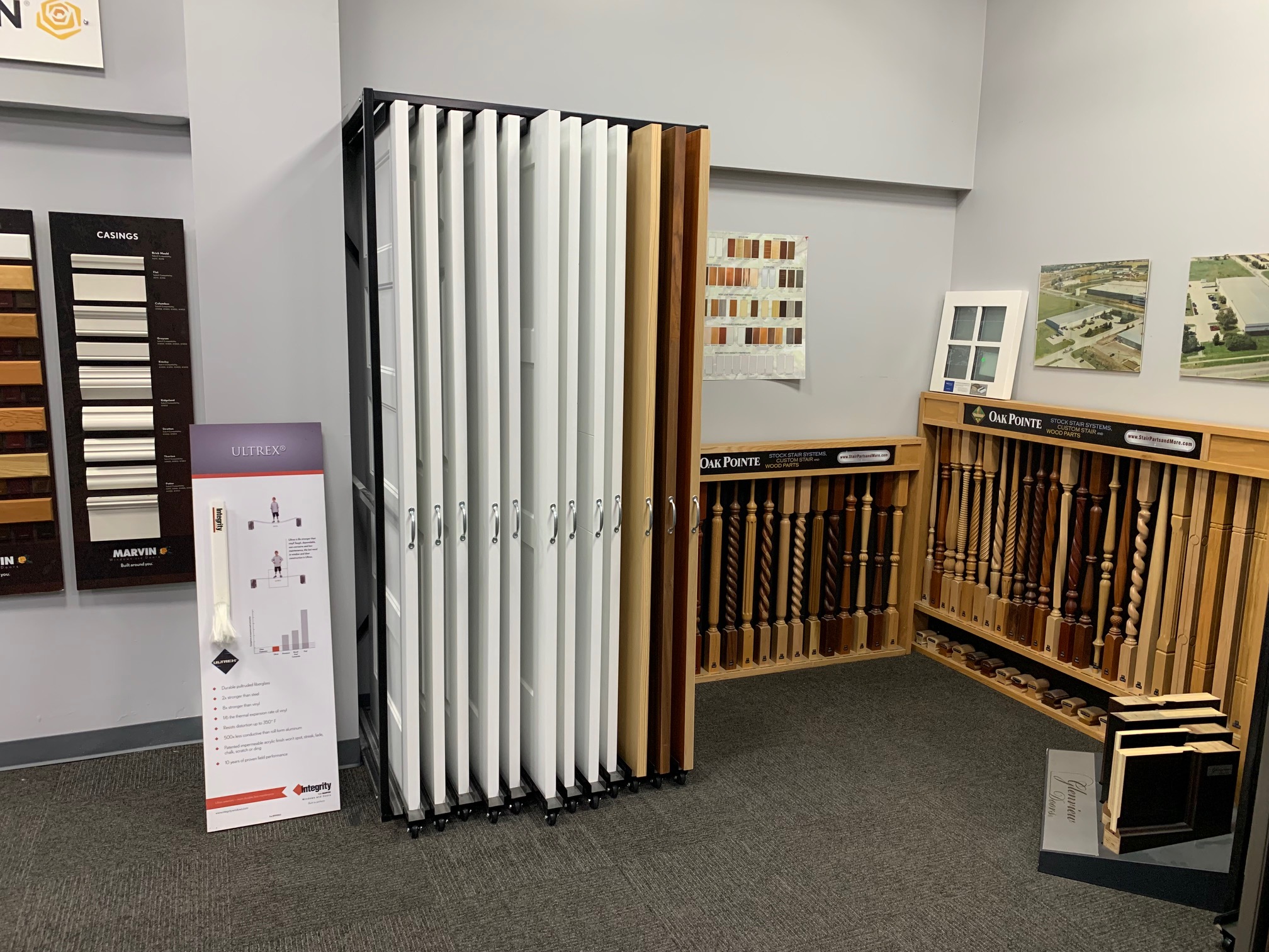Stairs and railing samples and coloros in Kansas City Millwork Showroom