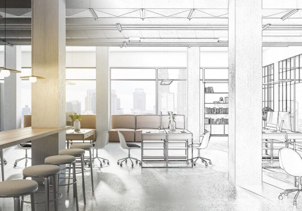 Sketch,Of,Creative,Modern,Coworking,Office,Interior,With,Bright,City