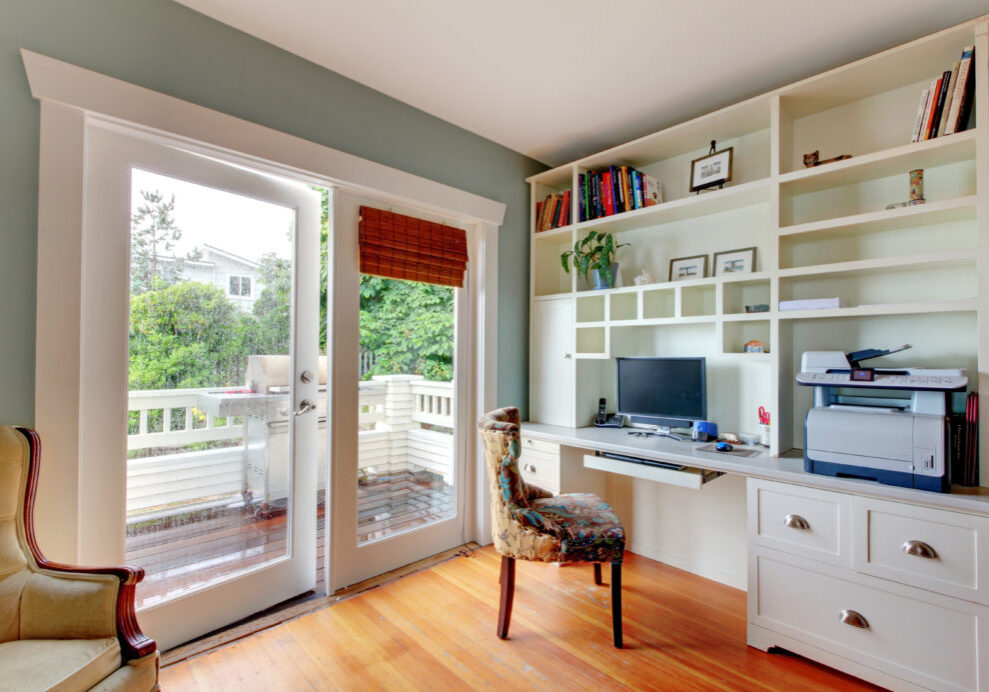 Home,Office,With,White,Open,Shelves,,Hardwood,Floor,And,Blue